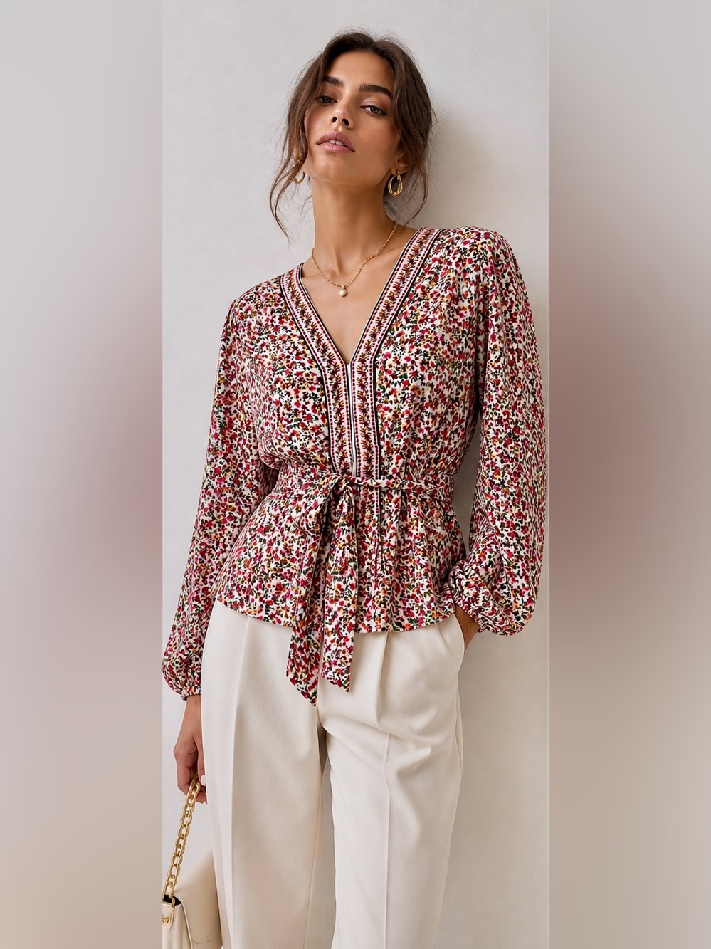 Max Studio Floral Peplum Blouse Tie Waist Boho Cottagecore Top Size M NWT